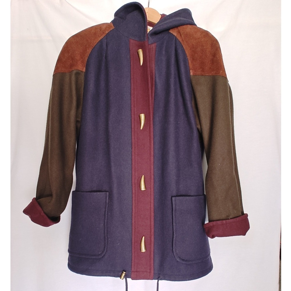 Vintage Duffle Coat Wool Suede Color block Toggle Horn Navy Blue Maroon Tan L XL